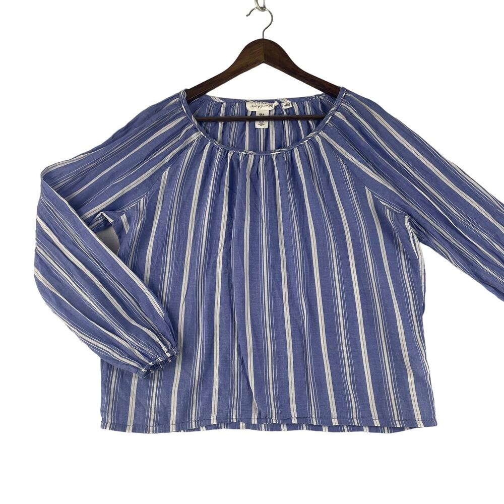 H&M L.O.G.G. Womens Striped Blouse SZ 10 Blue White Long Sleeve Cotton Pullover